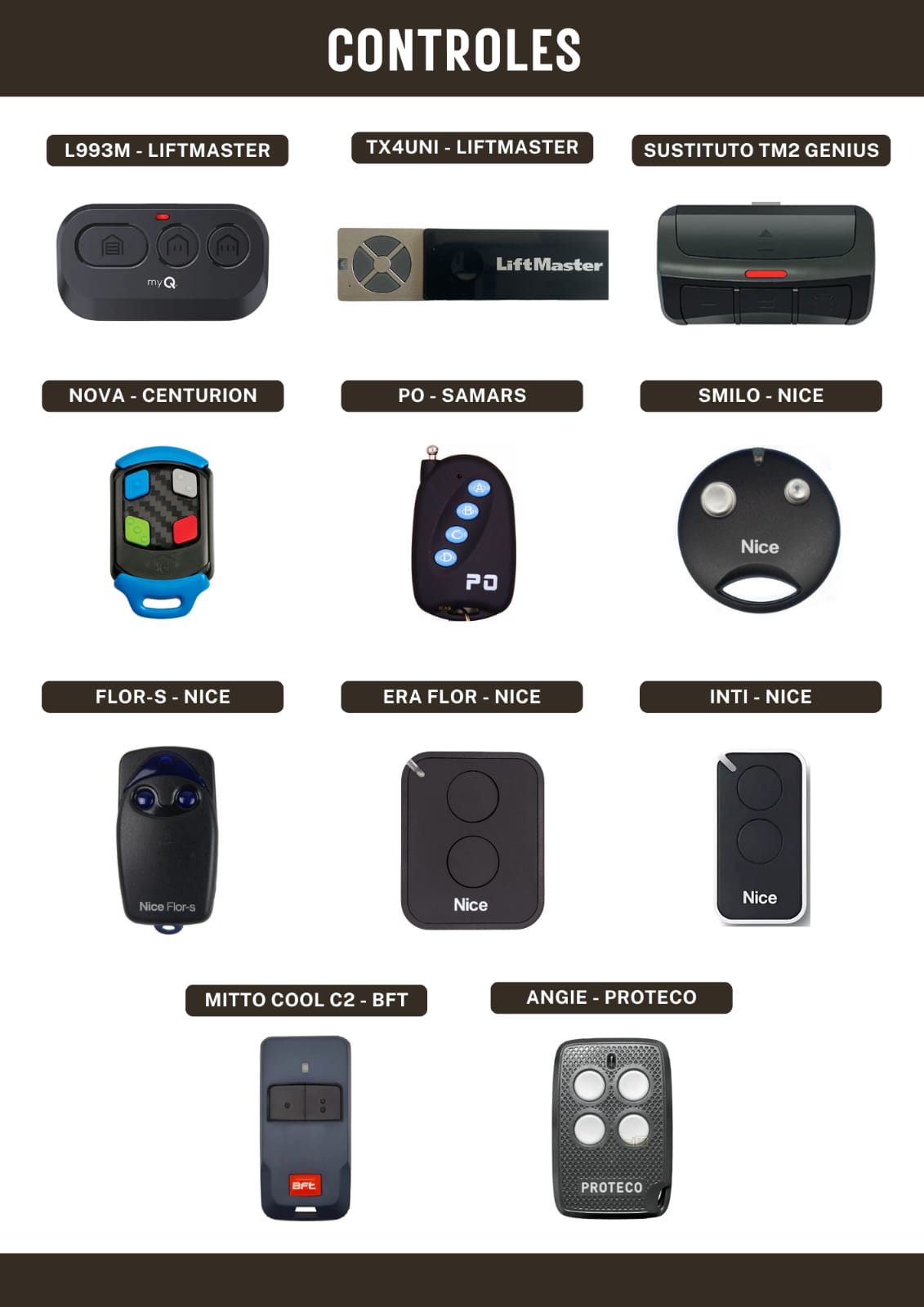 Catálogo de controles hoja 1: LiftMaster L993M y TX4UNI, sustituto TM2 Genius, Centurion Nova, Samars PO, Nice Smilo, Flor-S, Era Flor e Inti, BFT Mitto Cool C2 y Proteco Angie