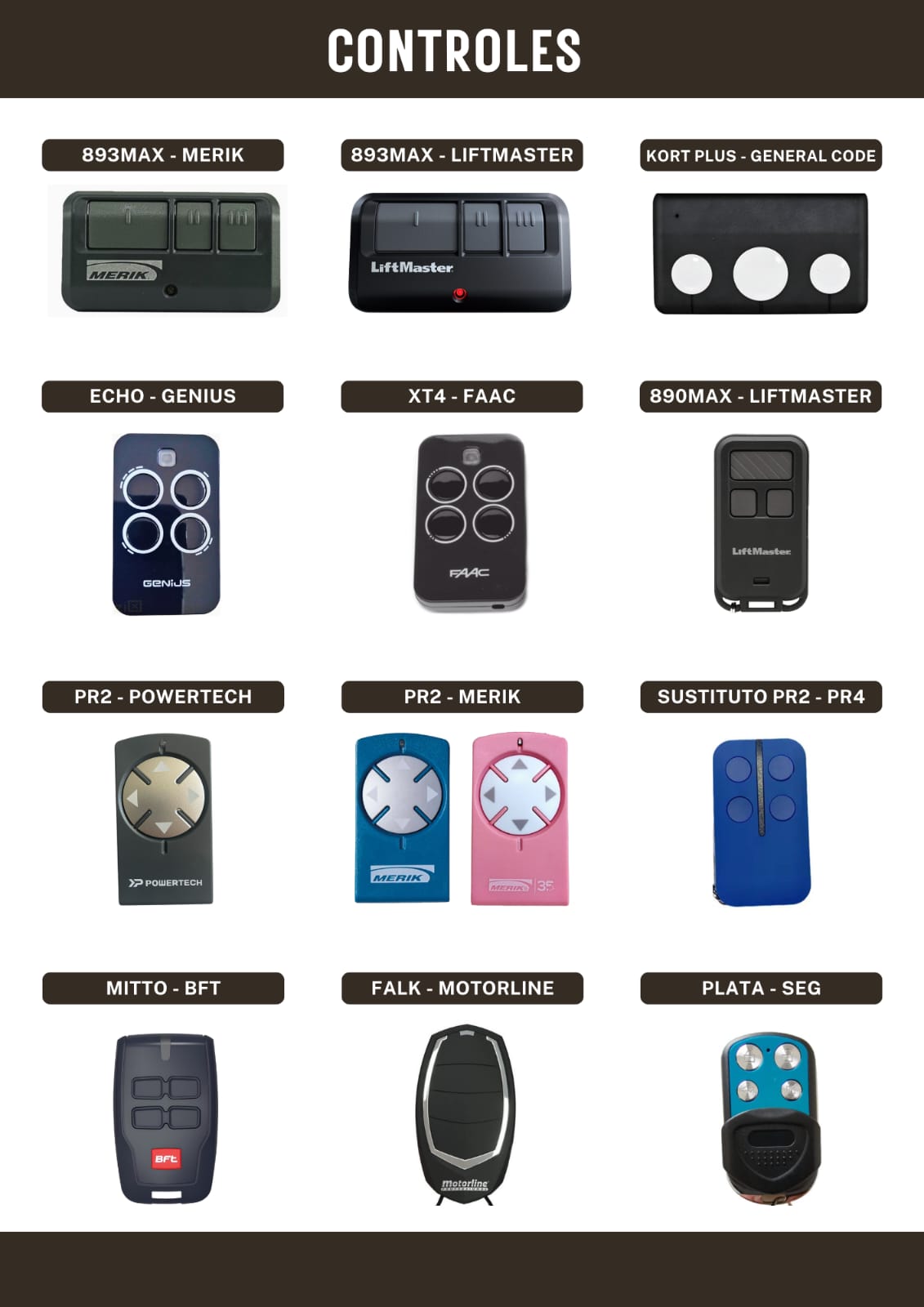 Catálogo de controles hoja 2: Merik y LiftMaster 893MAX, General Code Kort Plus, Genius Echo, FAAC XT4, LiftMaster 890MAX, Powertech y Merik PR2, sustituto PR2-PR4, BFT Mitto, Motorline Falk y SEG Plata